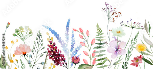 Border made of watercolor wild flowers and leaves, summer wedding and greeting illustration