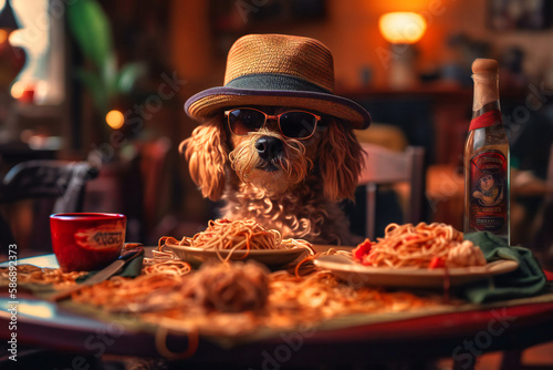 A silly-looking dog wearing a straw hat and sunglasses, sitting at a table with a bowl of spaghetti and meatballs while looking content © Nilima