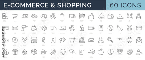 Set of 60 Thin lines web icons - E-commerce, Shopping, Delivering, Store, Marketing, Money. Vector illustration. Editable stroke
