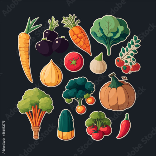 Vector vegetable collection with a 90s vibe, featuring neon colors and bold shapes photo