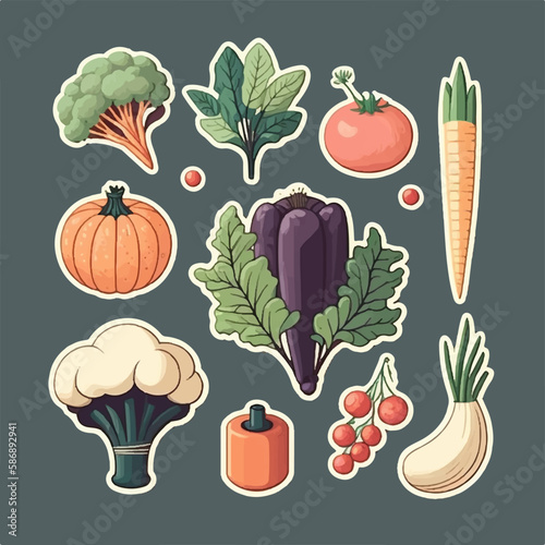 Cartoon sticker set with various vegetables photo