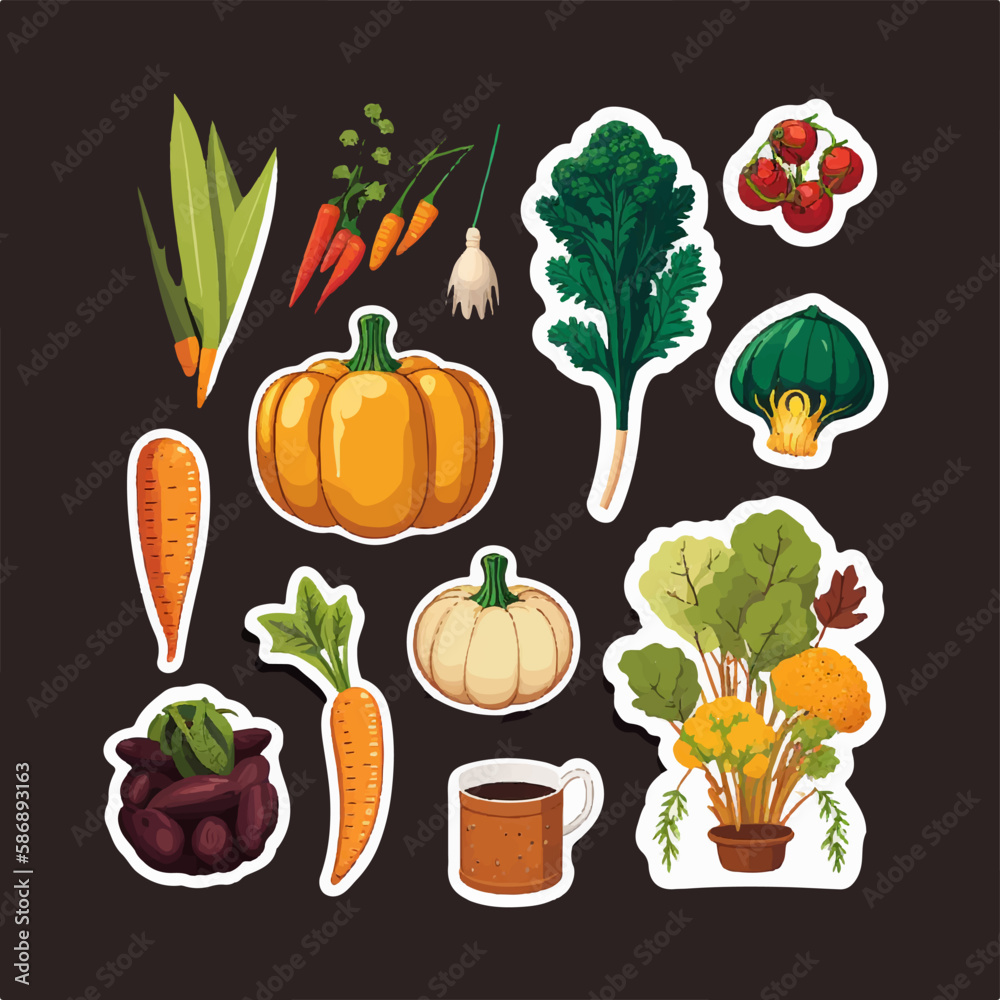 Collection of vegetable stickers with hand-drawn designs and a vintage flair Collection of vegetable stickers with hand-drawn designs and a vintage flair