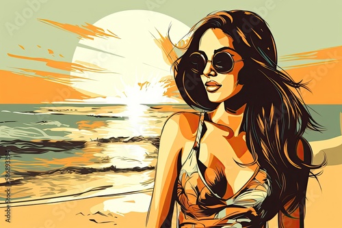 Beautiful imaginary girl on vacation on a tropical beach. Vector generative ai illustration