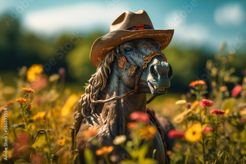 A happy horse wearing a straw hat and sunglasses, grazing on a meadow with a content expression and a bunch of wildflowers in its mouth