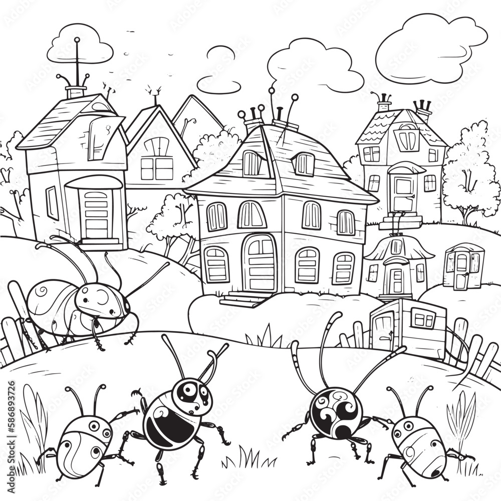 Insect , Black and white coloring pages for kids, simple lines, cartoon style, happy, cute, funny, many things in the world.