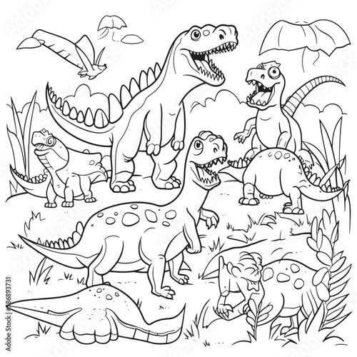 Fototapeta Naklejka Na Ścianę i Meble -  Dinosaurs,Black and white coloring pages for kids, simple lines, cartoon style, happy, cute, funny, many things in the world.