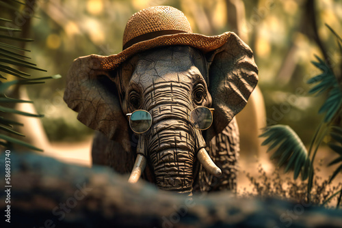A curious elephant wearing a summer hat and sunglasses, peeking out from behind a tree with a big trunk and a curious expression