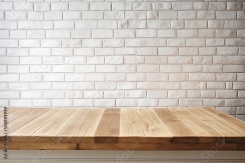 wooden table against a white brick wall. Generative AI