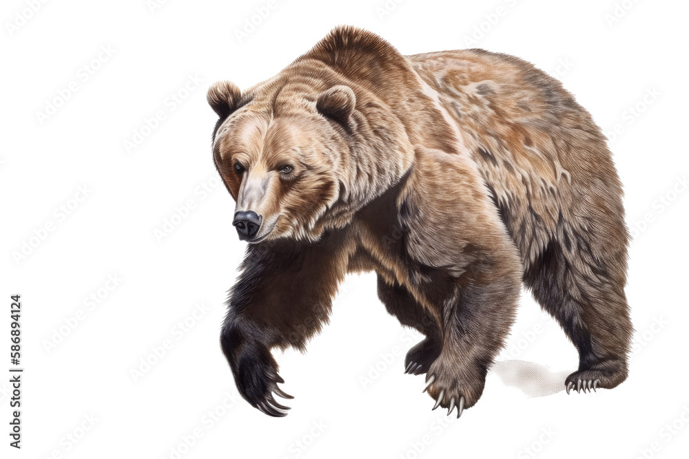 Fototapeta premium an isolated grizzly bear running and walking, side-view portrait, North American, mountain-themed photorealistic illustration on a transparent background in PNG. Ursus arctos horribilis. Generative AI