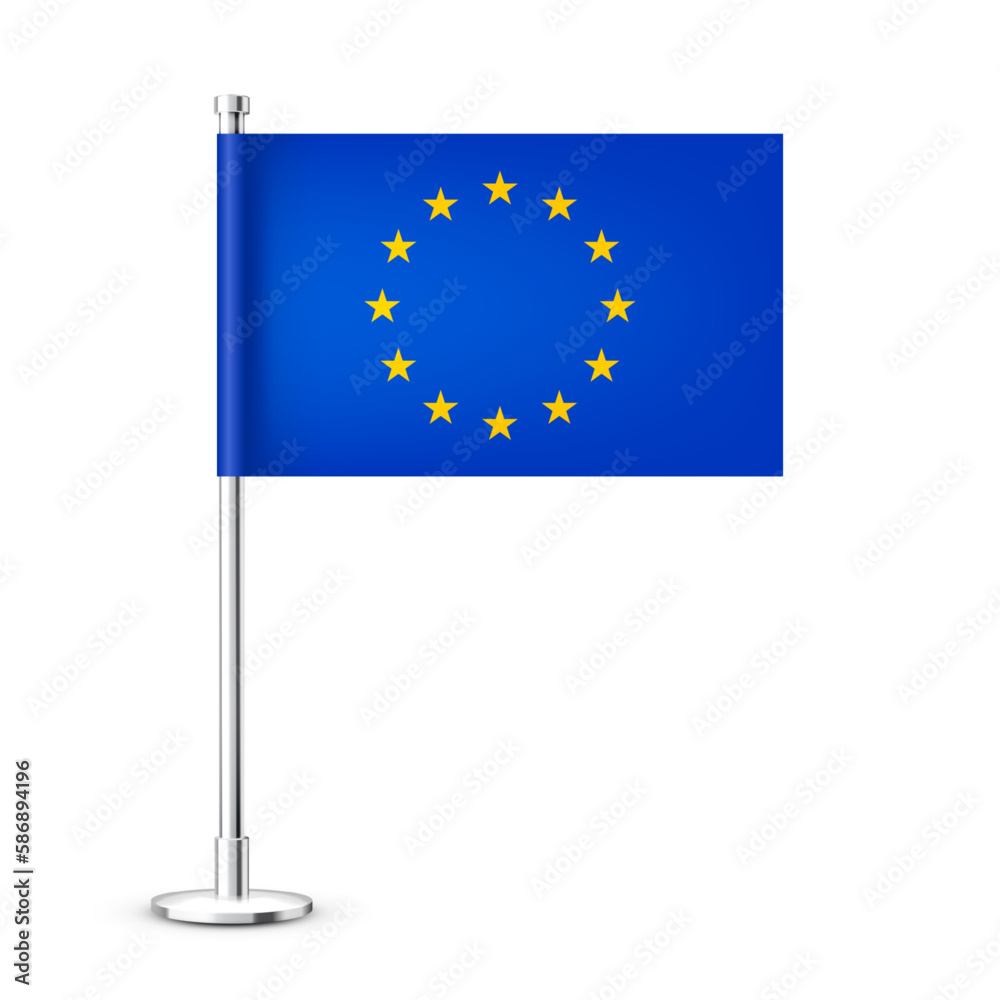 Realistic European table flag on a chrome steel pole. Souvenir from Europe. Desk flag made of paper or fabric and shiny metal stand. Mockup for promotion and advertising. Vector illustration Realistic European table flag on a chrome steel pole. Souvenir from Europe. Desk flag made of paper or fabric and shiny metal stand. Mockup for promotion and advertising. Vector illustration