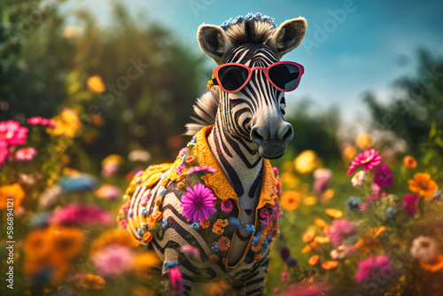 A cheerful zebra wearing a flowery summer dress and sunglasses, standing in a field of daisies and striking a pose for the camera