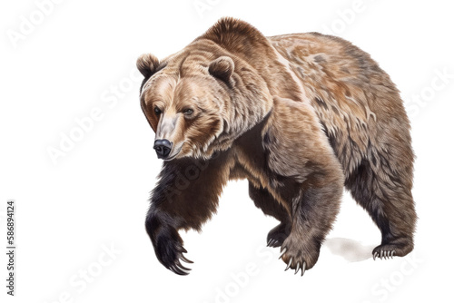 an isolated grizzly bear running and walking, side-view portrait, North American, mountain-themed photorealistic illustration on a transparent background in PNG. Ursus arctos horribilis. Generative AI © Purple Penguin GFX