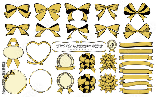 レトロポップでかわいいビンテージ風ペンてがきのベクターりぼんイラストとフレームの素材セット_黒線_塗り黄色