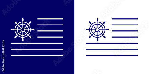 Logo Nautical. Bandera de Estados Unidos de América con timón de barco con líneas en fondo azul