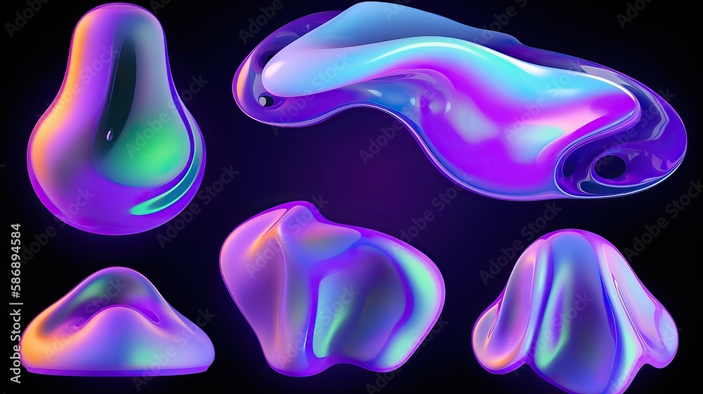 Abstract liquid 3d shapes,floating paint drops with gradient on black background. Realistic bright molecular or fluid elements. design set
