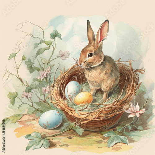 vintage retro easter card with watercolor pastel colors, easter eggs in basket with bunny and birds