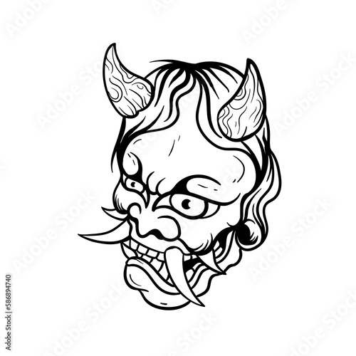 Hand drawn illustration of japanese oni mask outline