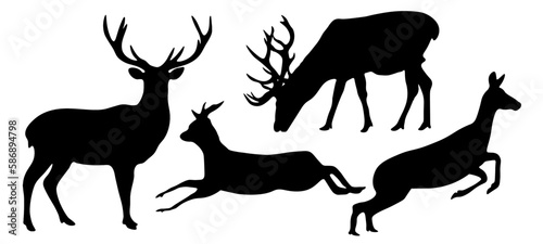 Forest wildlife hunting adventure nature animal vector symbol icon illustration set collection for logo - Silhouette of jumping and standing deer / stag / hart animals, isolated on white background