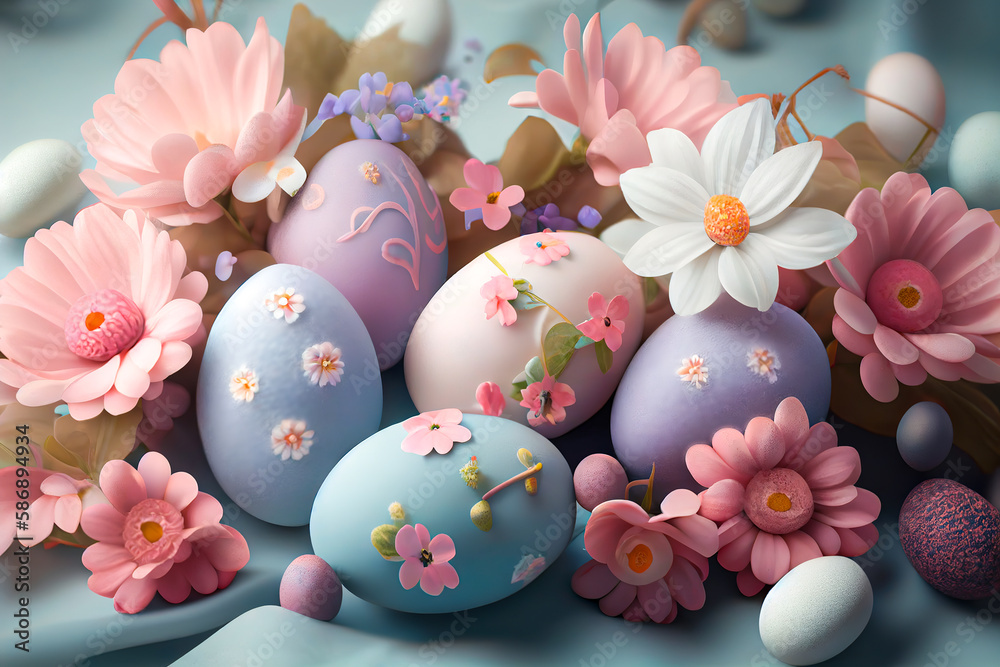 Creative Spring Easter concept, painted decorated pastel eggs. Festive colors and family atmosphere. Illustration, Generative AI