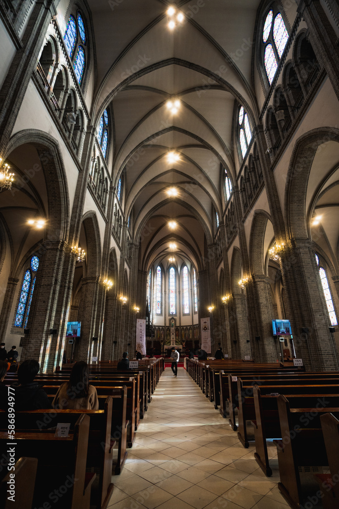 Inside Myeongdong Catholic Cathedral and corridor during winter sunny day at Jung-gu , Seoul South Korea : 2 February 2023