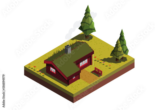 Isometric log cabin in the woods