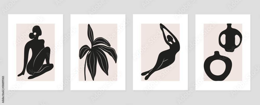 Set of abstract cover background inspired by matisse. Plants, leaf branch, nude female body, monochrome pattern. Contemporary aesthetic illustrated design for wall art, decoration, print, wallpaper.