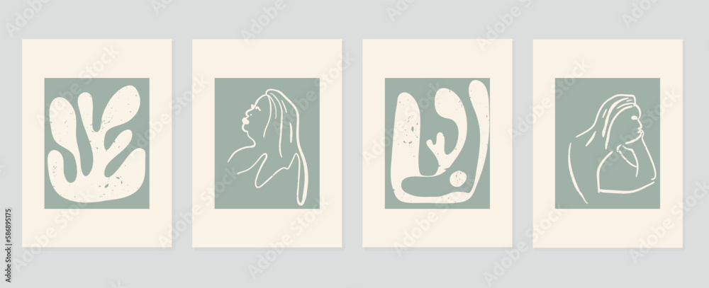 Obraz premium Set of abstract cover background inspired by matisse. Nude female body, coral, monochrome, grunge texture. Contemporary aesthetic illustrated design for wall art, decoration, print, wallpaper.