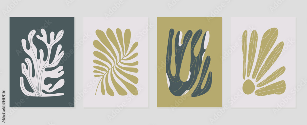 Set of abstract cover background inspired by matisse. Plants, leaf branch, coral, flower in hand drawn style. Contemporary aesthetic illustrated design for wall art, decoration, print, wallpaper.