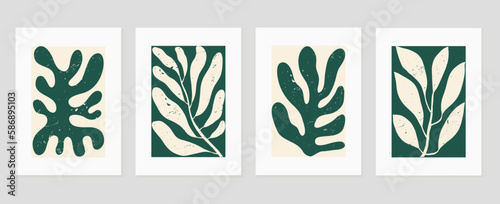 Set of abstract cover background inspired by matisse. Plants, leaf branch, coral, grunge texture in hand drawn style. Contemporary aesthetic illustrated design for wall art, decoration, wallpaper.