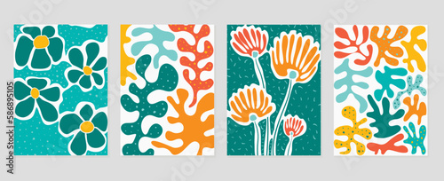 Set of abstract cover background inspired by matisse. Plants, flower, branch, coral colorful in hand drawn style. Contemporary aesthetic illustrated design for wall art, decoration, wallpaper, print.