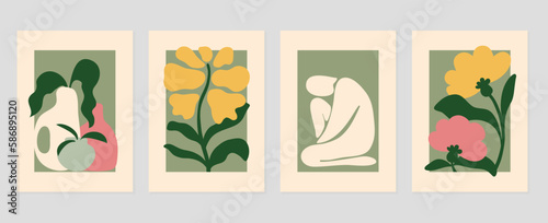 Set of abstract cover background inspired by matisse. Plants, leaf, flower, nude female body, posture, vase. Contemporary aesthetic illustrated design for wall art, decoration, wallpaper, print.