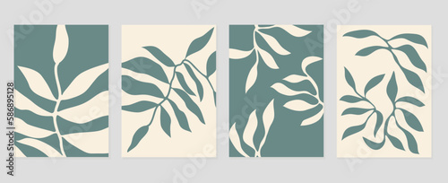 Set of abstract cover background inspired by matisse. Plants, leaf, branch green pattern in hand drawn style. Contemporary aesthetic illustrated design for wall art, decoration, wallpaper, print.