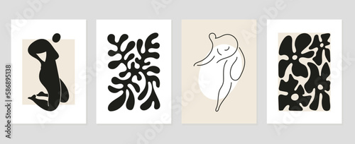Set of abstract cover background inspired by matisse. Nude female body, posture, coral, flower, monochrome. Contemporary aesthetic illustrated design for wall art, decoration, print, wallpaper.