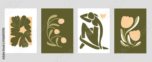 Set of abstract cover background inspired by matisse. Plants, branch, flower, nude female body, grunge texture. Contemporary aesthetic illustrated design for wall art, decoration, print, wallpaper.