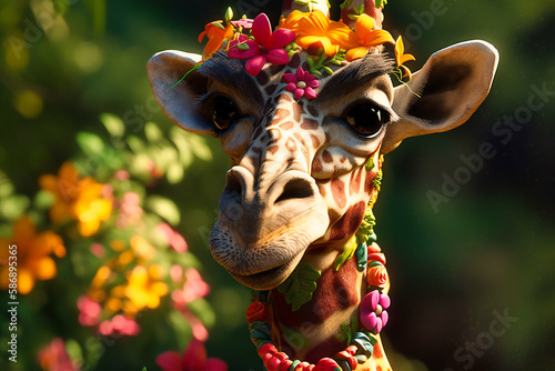 A happy-go-lucky giraffe wearing a flowery lei and sunglasses, standing tall and munching on a leafy branch with a big smile
