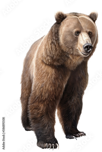 an isolated Grizzly Bear frontal view, strong and inquisitive, wildlife-themed photorealistic illustration on a transparent background cu,tout in PNG. Generative ai