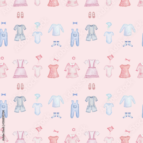 Watercolor seamless pattern. Hand painted illustration of children outfit  dress  shorts  t-shirt  socks  bodysuit  bonnet  shoes. Boy and girl clothes. Print on pink background for fabric  textile