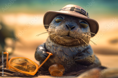 A happy seal wearing a straw hat and sunglasses, lounging on a beach with a fish in its mouth and a serene expression