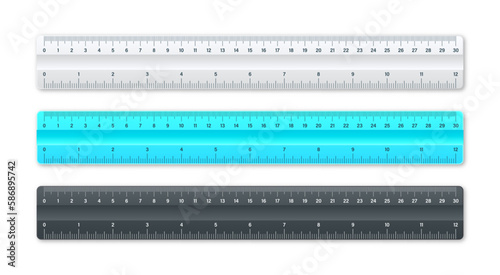 Realistic various plastic rulers with measurement scale and divisions, measure marks. School ruler, centimeter and inch scale for length measuring. Office supplies. Vector illustration