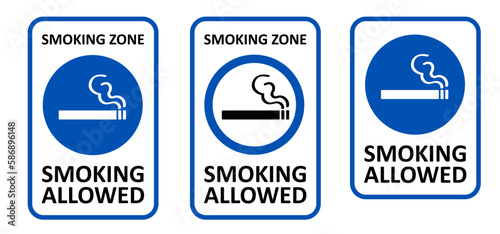 permitting. Smoking allowed prohibition sign. Cartoon smoking icon or pictogram. Smoke signage or smoking here. Cigarette, tobacco or smoke area or zone. Mandatory, blue symbol for public places
