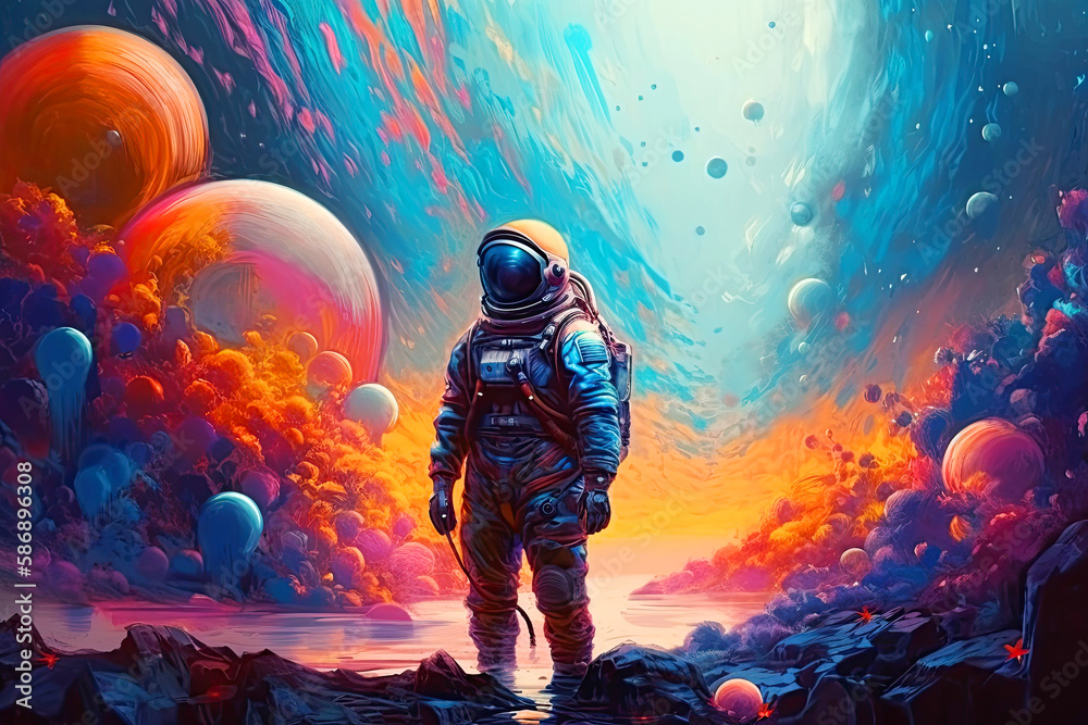 Astronaut in a spacesuit performing a spacewalk against the background of stars and planets.Colorful Generative AI illustration Human spaceflight - obrazy, fototapety, plakaty 