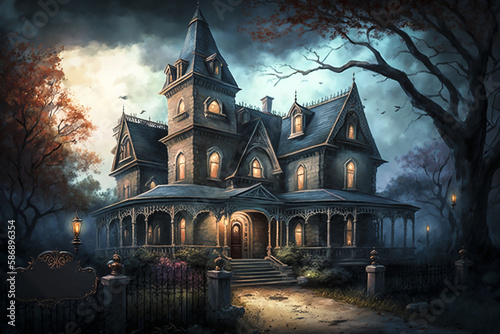 Ghostly Haunted House. Generative AI
A fun digital painting of a haunted house. photo