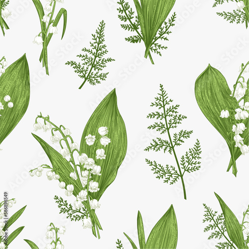 Floral seamless pattern with spring bouquets. Lily of the valley flowers and leaves.. Background for textile or book covers, manufacturing, wallpapers, print, gift wrap. Greenery.