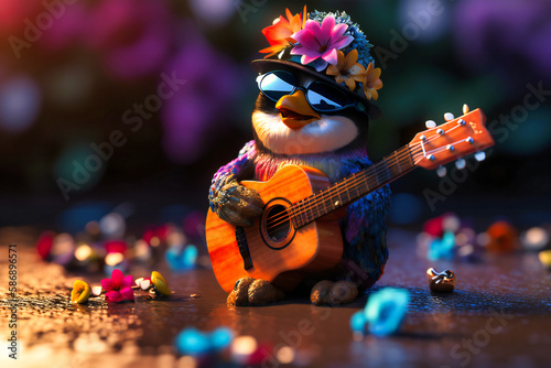 A happy-go-lucky penguin wearing a flowery lei and sunglasses, standing on a block of ice and playing a ukulele with a big smile