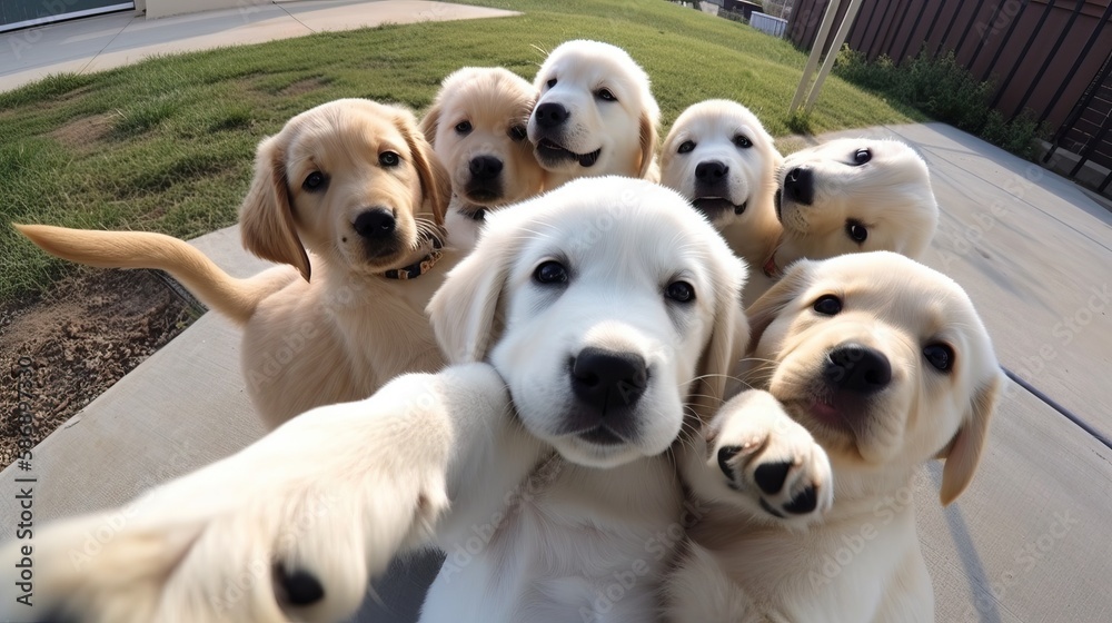 A group of happy labrador puppies taking selfies together A group of happy labrador puppies taking selfies together