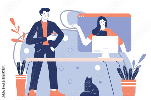 Blue concept Video chatting with people scene in the flat cartoon design. Director communicates with his employee via video chat. Vector illustration.