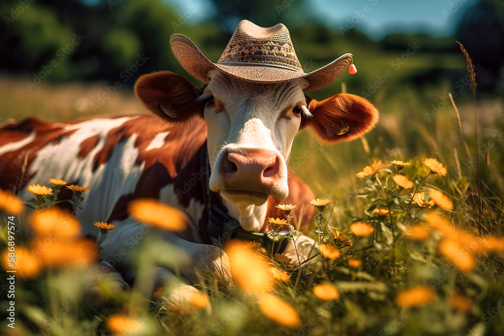 A content-looking cow wearing a straw hat and sunglasses, lounging in a meadow with a content expression and a bunch of daisies in its mouth A content-looking cow wearing a straw hat and sunglasses, lounging in a meadow with a content expression and a bunch of daisies in its mouth