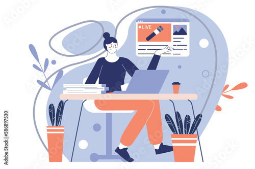 Journalism blue concept with people scene in the flat cartoon design. Journalist writes a new article for an Internet site. Vector illustration.