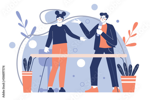 Interview blue concept with people scene in the flat cartoon style. TV presenter interviews a famous person. Vector illustration.