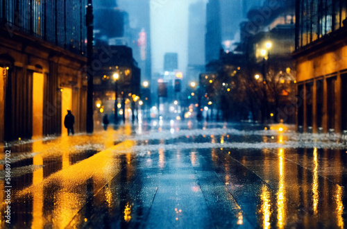 Rainy city in fog. Townscape in evening with downpour. Generative AI. © Anton Dios